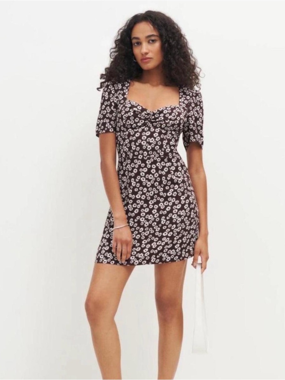 Reformation Brown Mini Dress with White Daisy Print